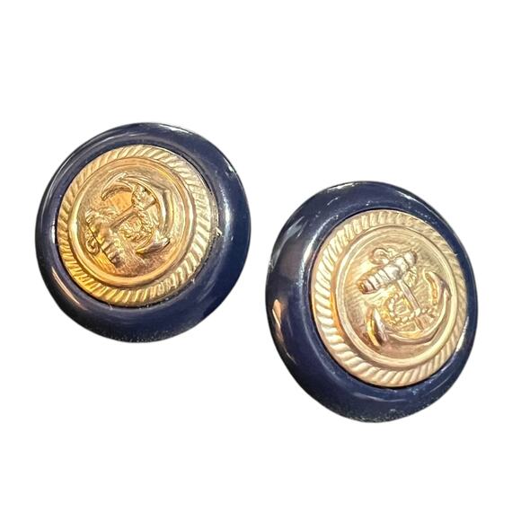 Vintage Nautical Anchor Statement Earrings, Gold and Navy Round Post Earrings - Picture 11 of 13